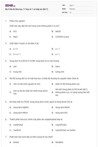 Bộ 9 Đề thi Hóa học 11 Học kì 1 có đáp án (Đề 7)