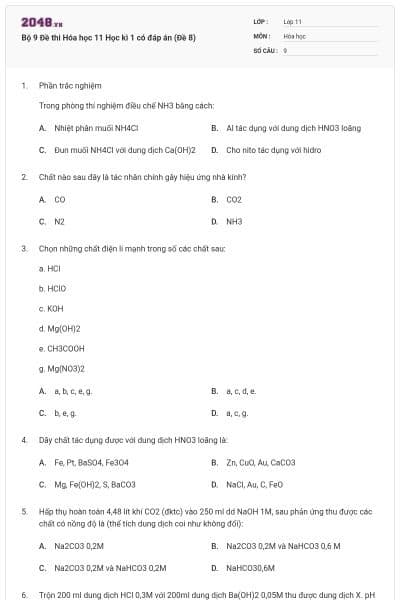 Bộ 9 Đề thi Hóa học 11 Học kì 1 có đáp án (Đề 8)