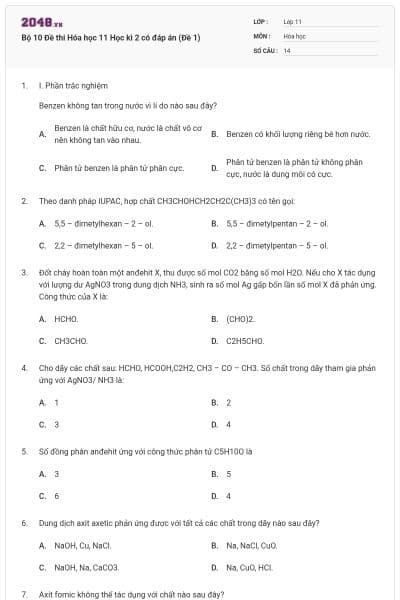 Bộ 10 Đề thi Hóa học 11 Học kì 2 có đáp án (Đề 1)