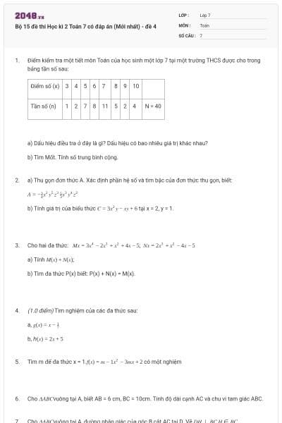 Bộ 15 đề thi Học kì 2 Toán 7 có đáp án (Mới nhất) - đề 4
