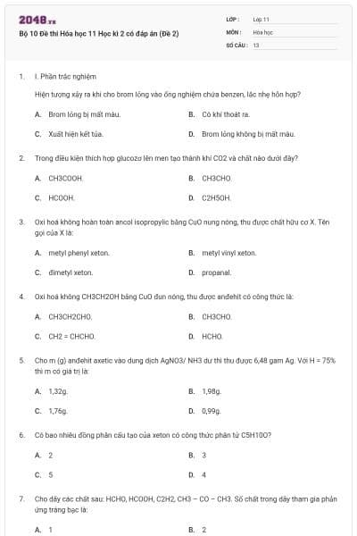 Bộ 10 Đề thi Hóa học 11 Học kì 2 có đáp án (Đề 2)