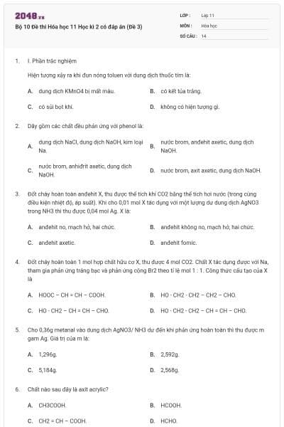Bộ 10 Đề thi Hóa học 11 Học kì 2 có đáp án (Đề 3)