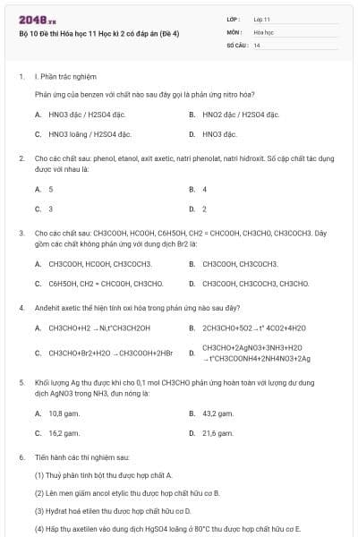 Bộ 10 Đề thi Hóa học 11 Học kì 2 có đáp án (Đề 4)