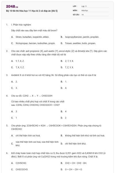 Bộ 10 Đề thi Hóa học 11 Học kì 2 có đáp án (Đề 5)