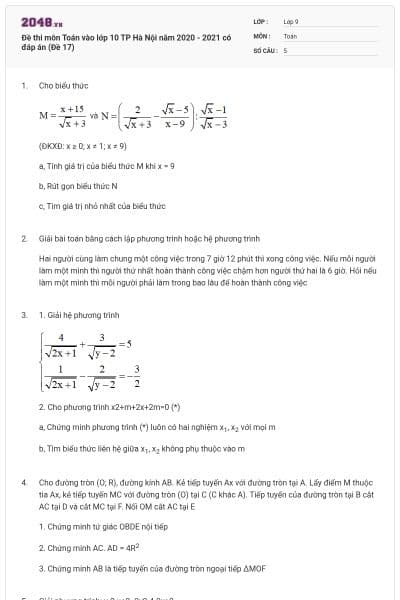 Đề thi môn Toán vào lớp 10 TP Hà Nội năm 2020 - 2021 có đáp án (Đề 17)