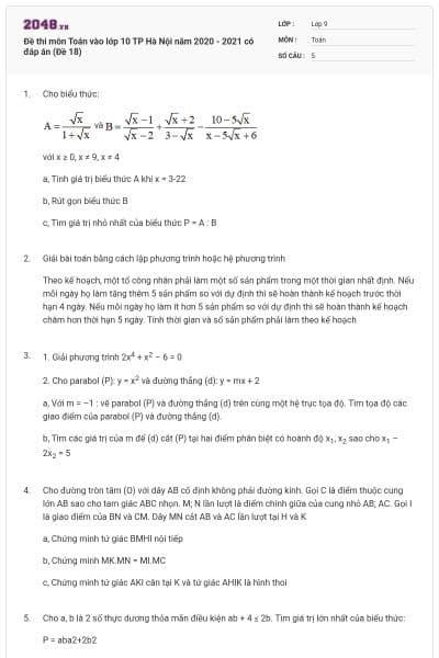 Đề thi môn Toán vào lớp 10 TP Hà Nội năm 2020 - 2021 có đáp án (Đề 18)