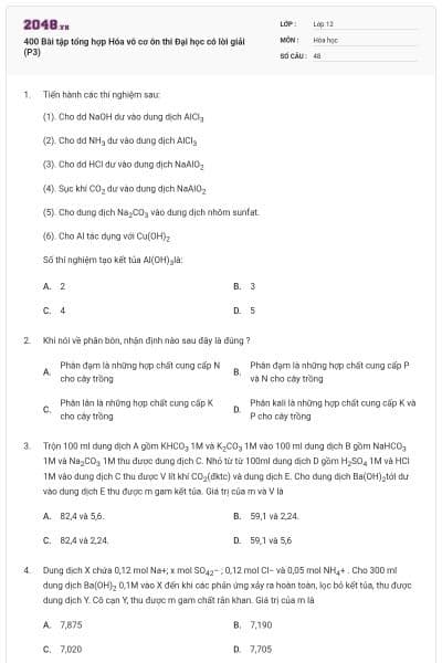 400 Bài tập tổng hợp Hóa vô cơ ôn thi Đại học có lời giải (P3)