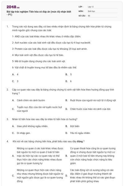 Bài tập trắc nghiệm Tiến hóa có đáp án (mức độ nhận biết - P1)