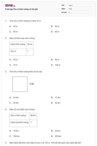 8 bài tập Chu vi hình vuông có lời giải