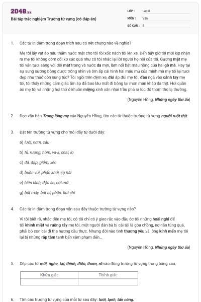 Bài tập trắc nghiệm Trường từ vựng (có đáp án)