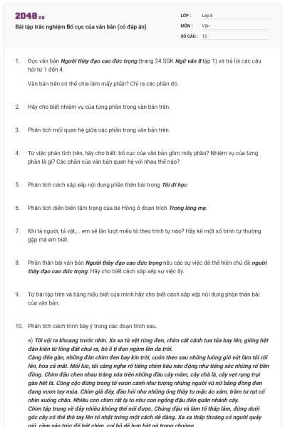 Bài tập trắc nghiệm Bố cục của văn bản (có đáp án)