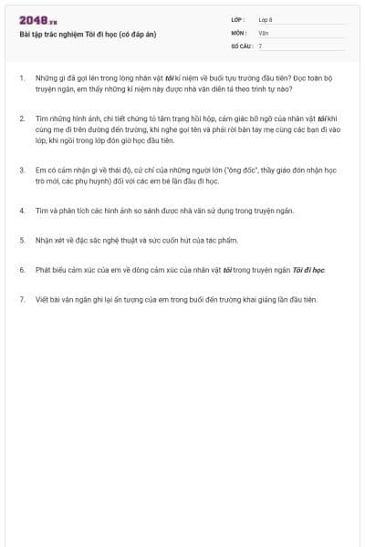 Bài tập trắc nghiệm Tôi đi học (có đáp án)