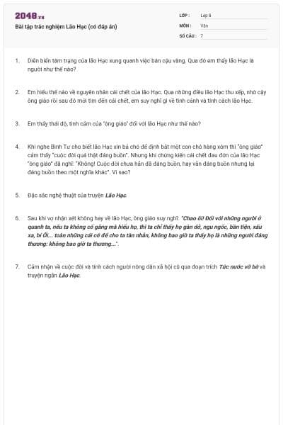 Bài tập trắc nghiệm Lão Hạc (có đáp án)