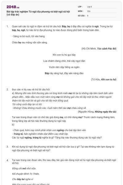 Bài tập trắc nghiệm Từ ngữ địa phương và biệt ngữ xã hội (có đáp án)