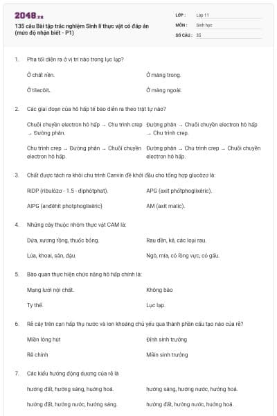 135 câu Bài tập trắc nghiệm Sinh lí thực vật có đáp án (mức độ nhận biết - P1)