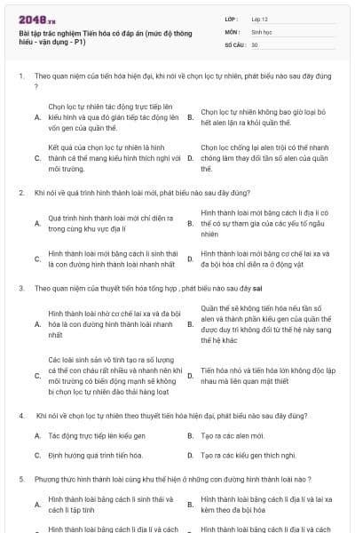 Bài tập trắc nghiệm Tiến hóa có đáp án (mức độ thông hiểu - vận dụng - P1)