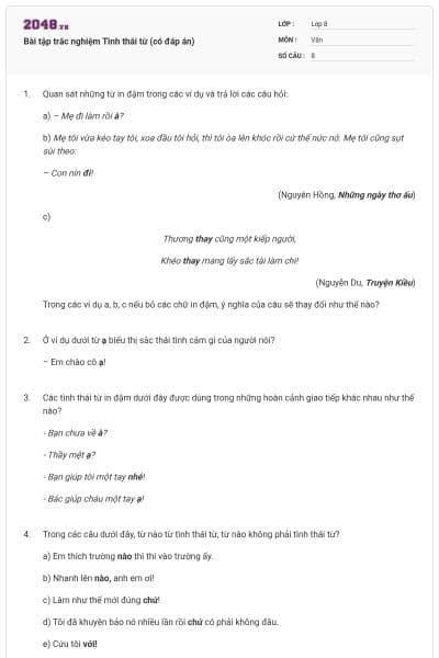 Bài tập trắc nghiệm Tình thái từ (có đáp án)