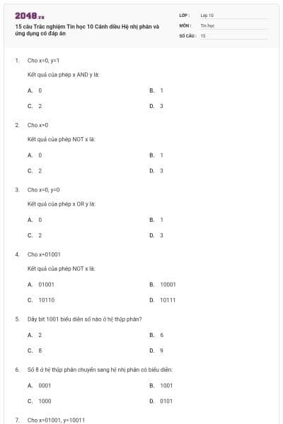 15 câu Trắc nghiệm Tin học 10 Cánh diều Hệ nhị phân và ứng dụng có đáp án