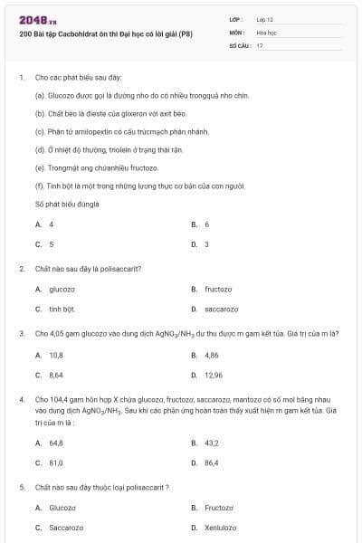 200 Bài tập Cacbohidrat ôn thi Đại học có lời giải (P8)