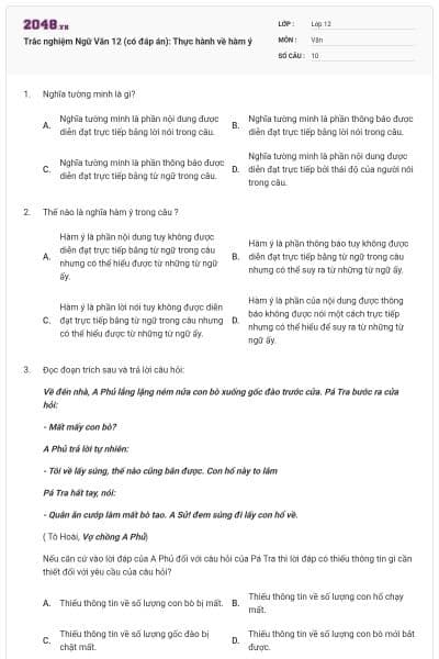 Trắc nghiệm Ngữ Văn 12 (có đáp án): Thực hành về hàm ý