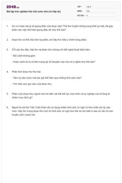 Bài tập trắc nghiệm Hai chữ nước nhà (có đáp án)