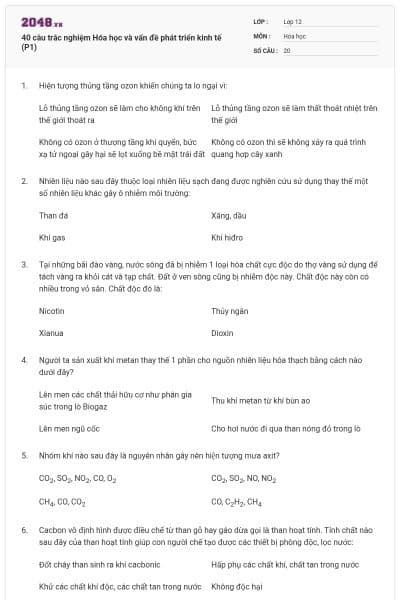 40 câu trắc nghiệm Hóa học và vấn đề phát triển kinh tế (P1)