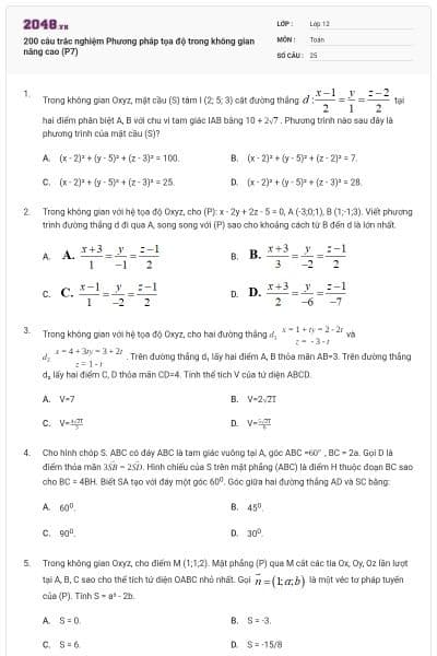 200 câu trắc nghiệm Phương pháp tọa độ trong không gian nâng cao (P7)