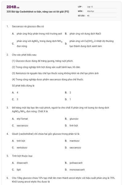 335 Bài tập Cacbohidrat cơ bản, nâng cao có lời giải (P3)