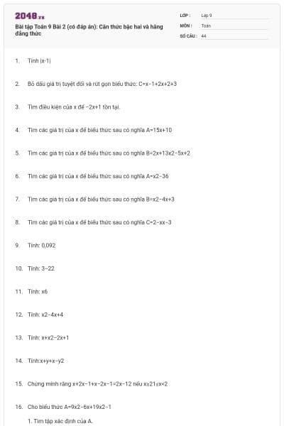 Bài tập Toán 9 Bài 2 (có đáp án): Căn thức bậc hai và hằng đẳng thức