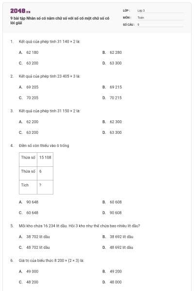 9 bài tập Nhân số có năm chữ số với số có một chữ số có lời giải