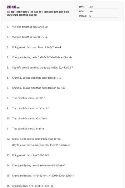 Bài tập Toán 9 Bài 6 (có đáp án): Biến đổi đơn giản biểu thức chứa căn thức bậc hai
