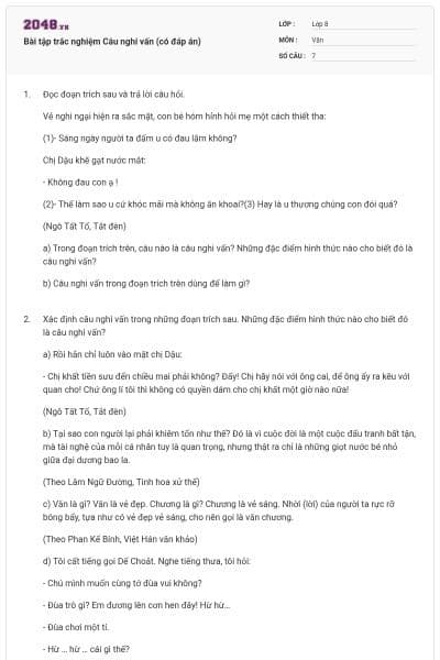 Bài tập trắc nghiệm Câu nghi vấn (có đáp án)