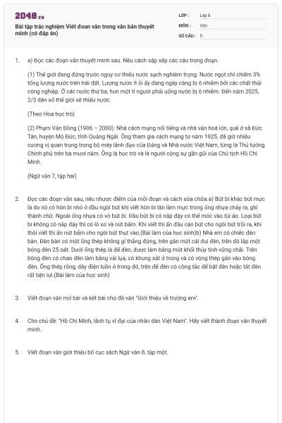 Bài tập trắc nghiệm Viết đoan văn trong văn bản thuyết minh (có đáp án)