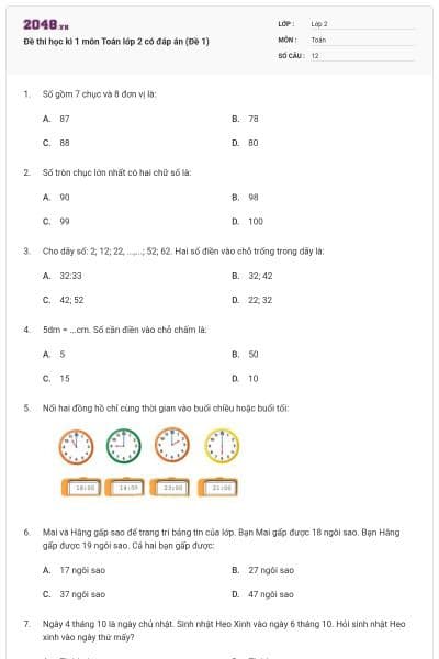 Đề thi học kì 1 môn Toán lớp 2 có đáp án (Đề 1)
