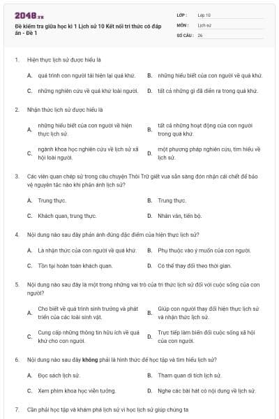 Đề kiểm tra giữa học kì 1 Lịch sử 10 Kết nối tri thức có đáp án - Đề 1