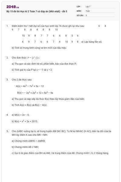 Bộ 15 đề thi Học kì 2 Toán 7 có đáp án (Mới nhất) - đề 5