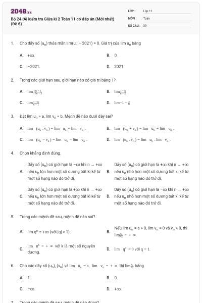 Bộ 24 Đề kiểm tra Giữa kì 2 Toán 11 có đáp án (Mới nhất) (Đề 6)