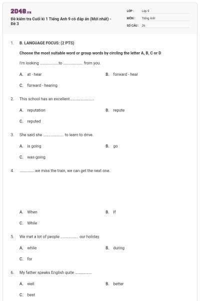 Đề kiểm tra Cuối kì 1 Tiếng Anh 9 có đáp án (Mới nhất) - Đề 3