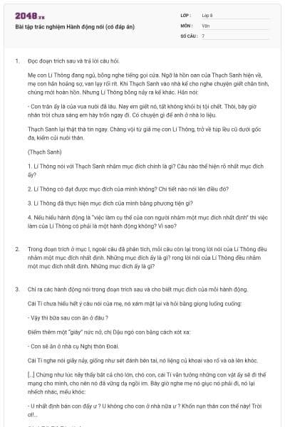 Bài tập trắc nghiệm Hành động nói (có đáp án)