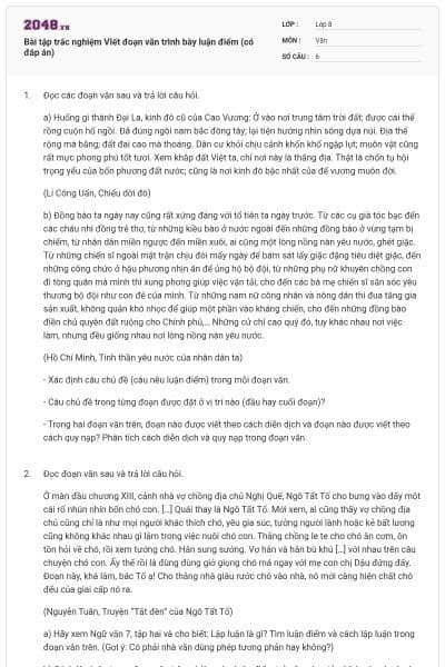 Bài tập trắc nghiệm VIết đoạn văn trình bày luận điểm (có đáp án)