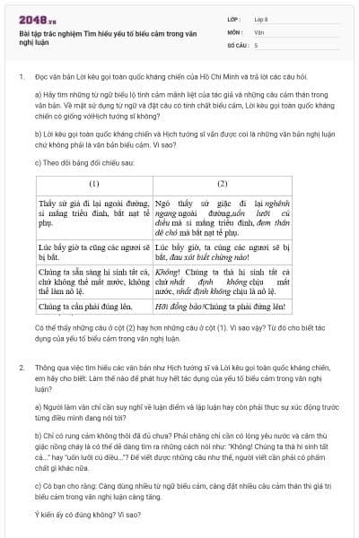 Bài tập trắc nghiệm Tìm hiểu yếu tố biểu cảm trong văn nghị luận