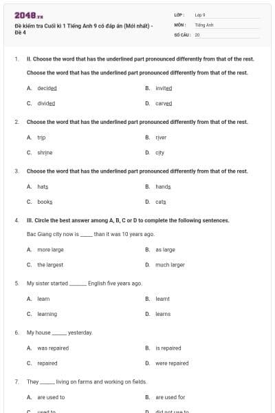 Đề kiểm tra Cuối kì 1 Tiếng Anh 9 có đáp án (Mới nhất) - Đề 4