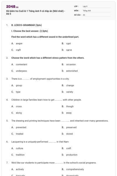 Đề kiểm tra Cuối kì 1 Tiếng Anh 9 có đáp án (Mới nhất) - Đề 5