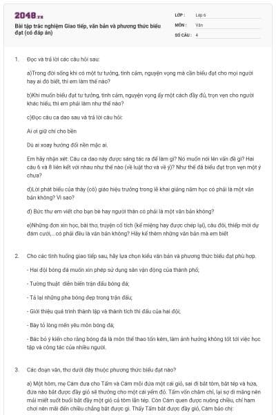 Bài tập trắc nghiệm Giao tiếp, văn bản và phương thức biểu đạt (có đáp án)