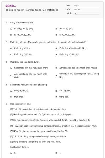 Đề kiểm tra học kì 1 Hóa 12 có đáp án (Mới nhất) (Đề 8)