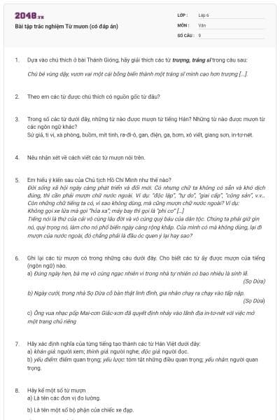 Bài tập trắc nghiệm Từ mươn (có đáp án)