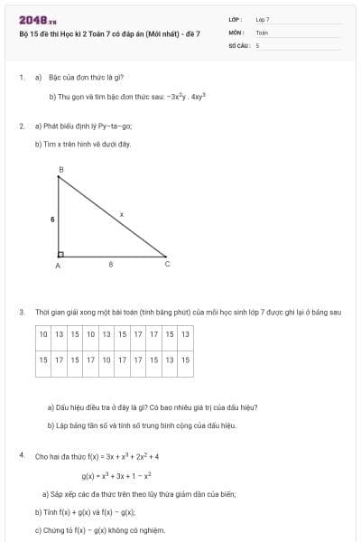 Bộ 15 đề thi Học kì 2 Toán 7 có đáp án (Mới nhất) - đề 7