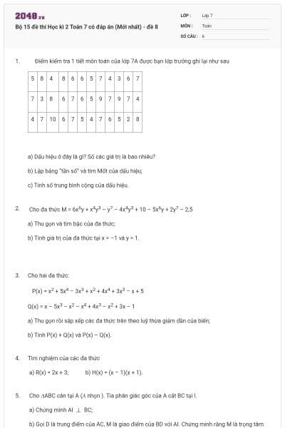 Bộ 15 đề thi Học kì 2 Toán 7 có đáp án (Mới nhất) - đề 8