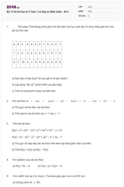 Bộ 15 đề thi Học kì 2 Toán 7 có đáp án (Mới nhất) - đề 9
