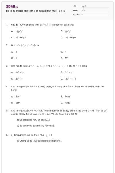 Bộ 15 đề thi Học kì 2 Toán 7 có đáp án (Mới nhất) - đề 10